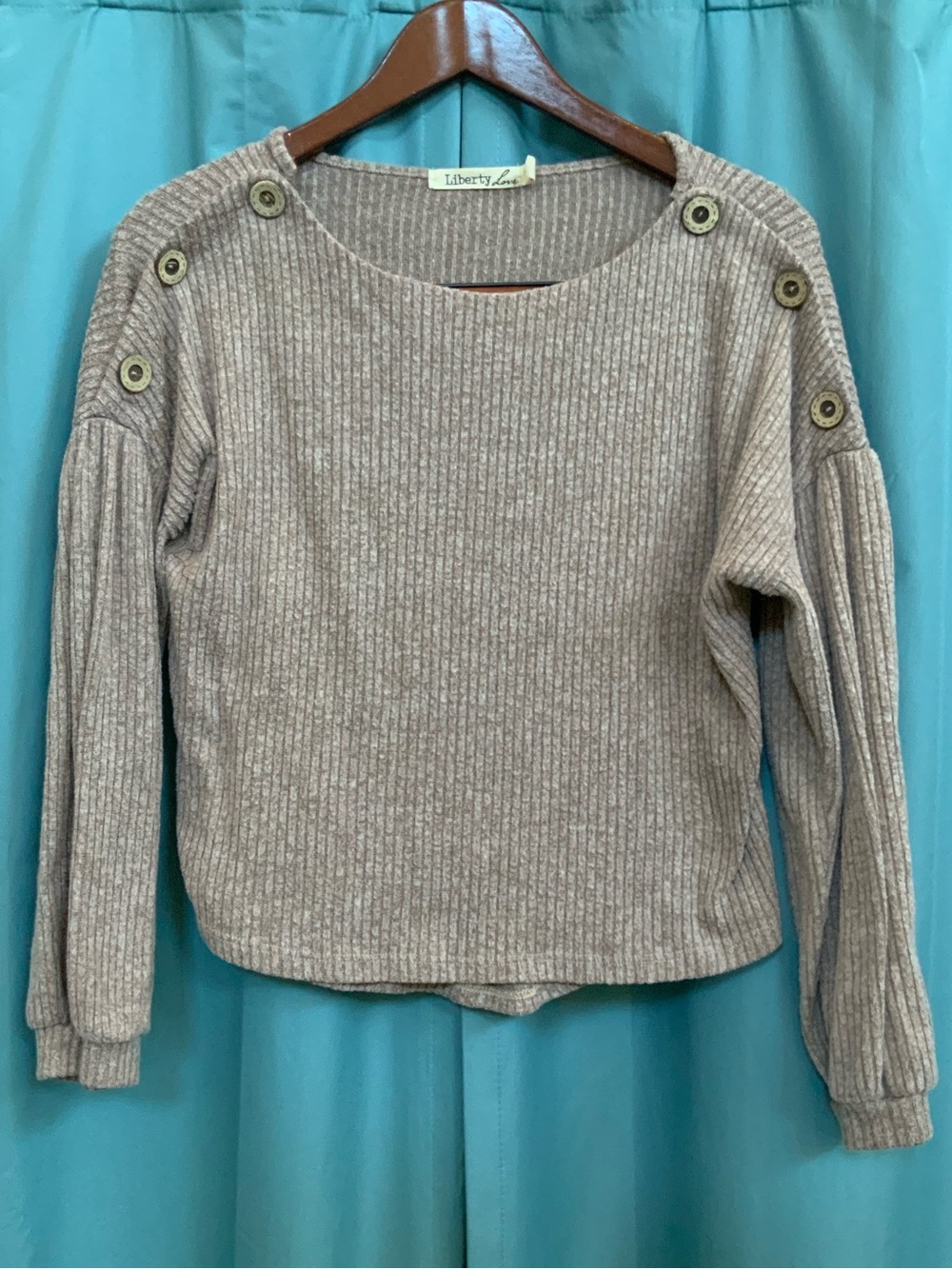 Liberty Love Taupe Ribbed Button-Shoulder Pullover